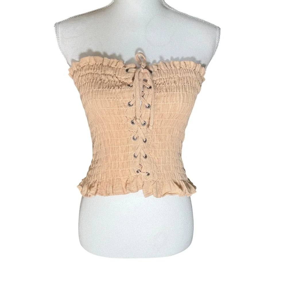 Intimately Free People Smocked Tube Top Lace Up Peach Ruffle Strapless Large EUC